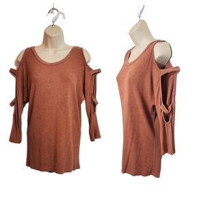 Cherish Ribbed Cold Shoulder Knit Top Orange Pink Small